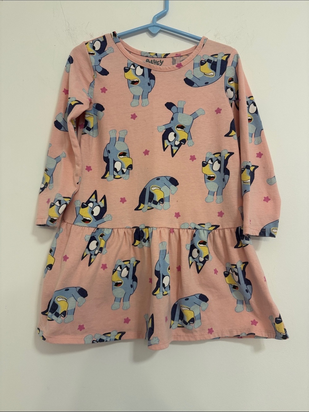 Girls Pink Cartoon Tiered Long-Sleeve Dress
